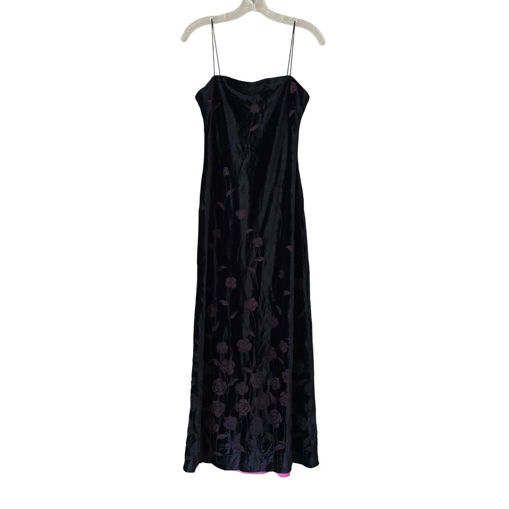 Vintage Black Floral Burnout Velvet Maxi Dress Spaghetti Strap Pink Trim Gown